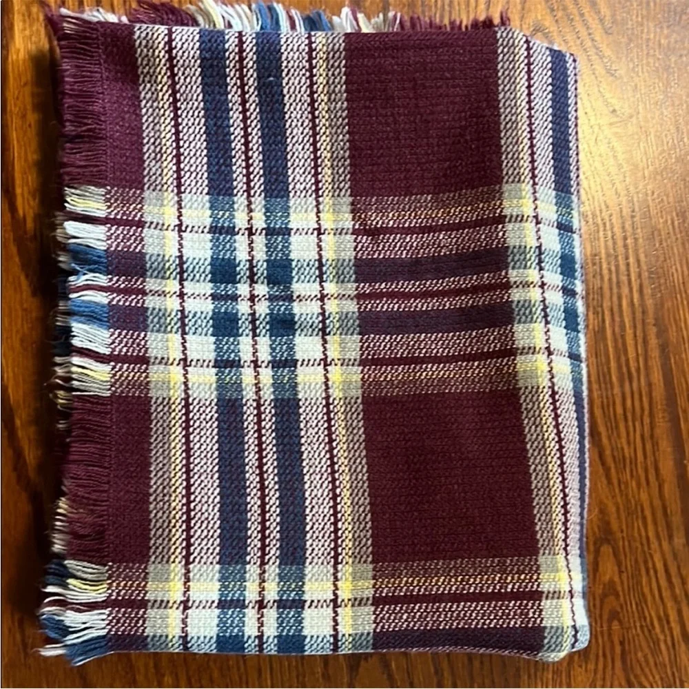 Roots | Size 45”x45” Burgundy, Blue, Yellow & White Plaid Scarf/Shawl - Picture 5 of 7